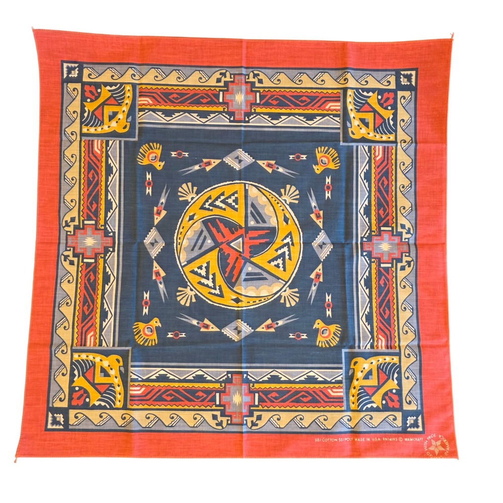 Vintage Wamcraft Bandana Southwestern Geometric Red Navy Blue Scarf Made in USA